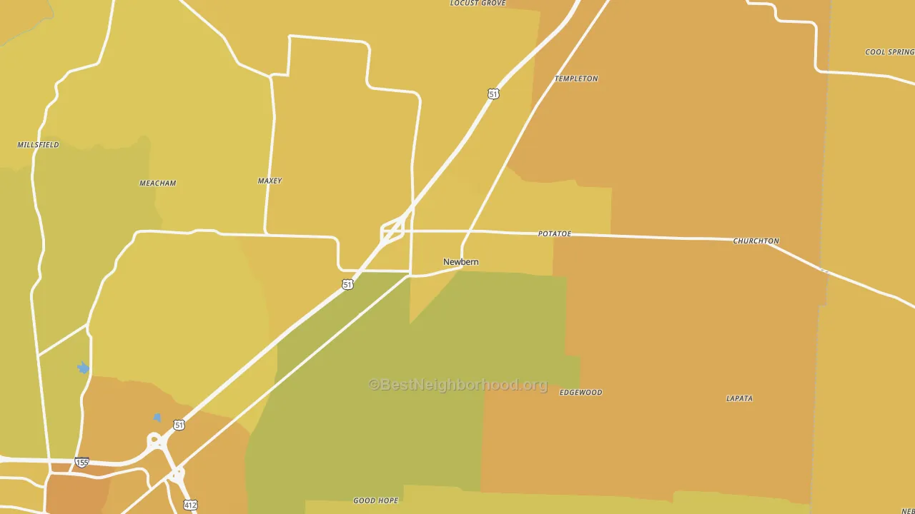 Map of the best neighborhoods in the 38059 area, with better matches in green and worse matches in red