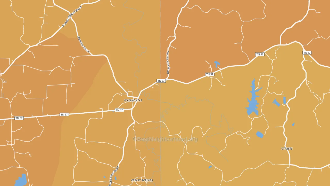 Map of the best neighborhoods in the 38061 area, with better matches in green and worse matches in red