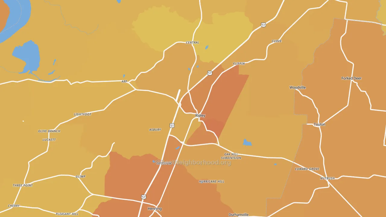 Map of the best neighborhoods in the 38063 area, with better matches in green and worse matches in red