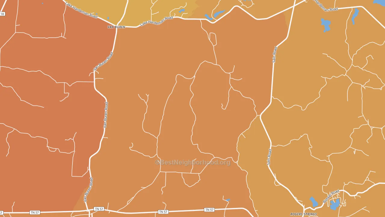 Map of the best neighborhoods in the 38067 area, with better matches in green and worse matches in red