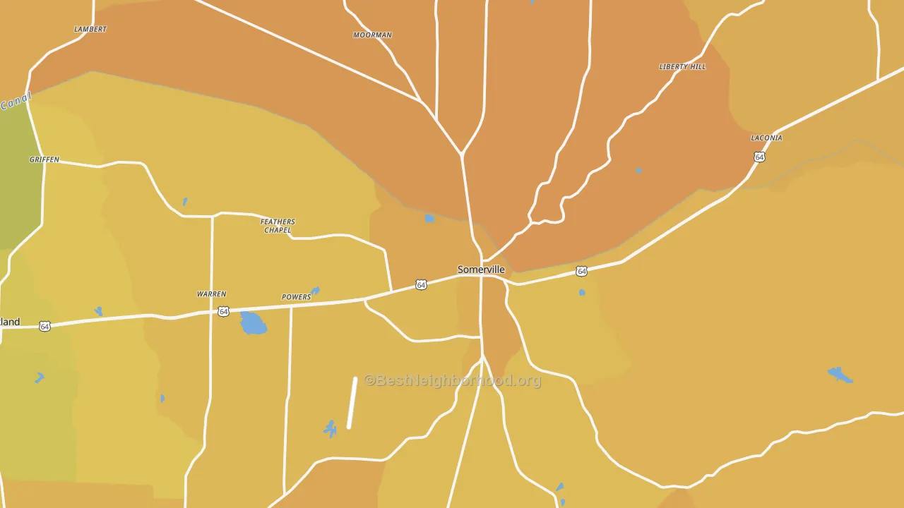 Map of the best neighborhoods in the 38068 area, with better matches in green and worse matches in red