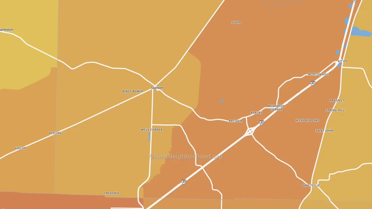 Map of the best neighborhoods in the 38069 area, with better matches in green and worse matches in red