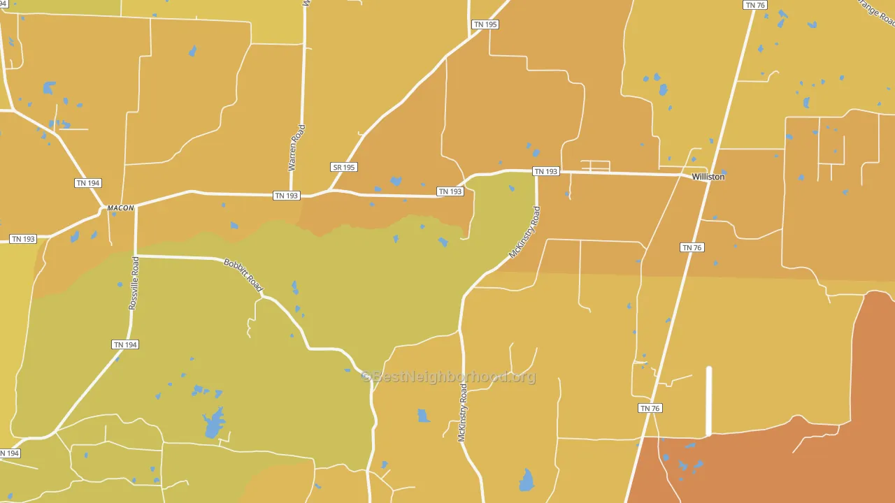 Map of the best neighborhoods in the 38076 area, with better matches in green and worse matches in red