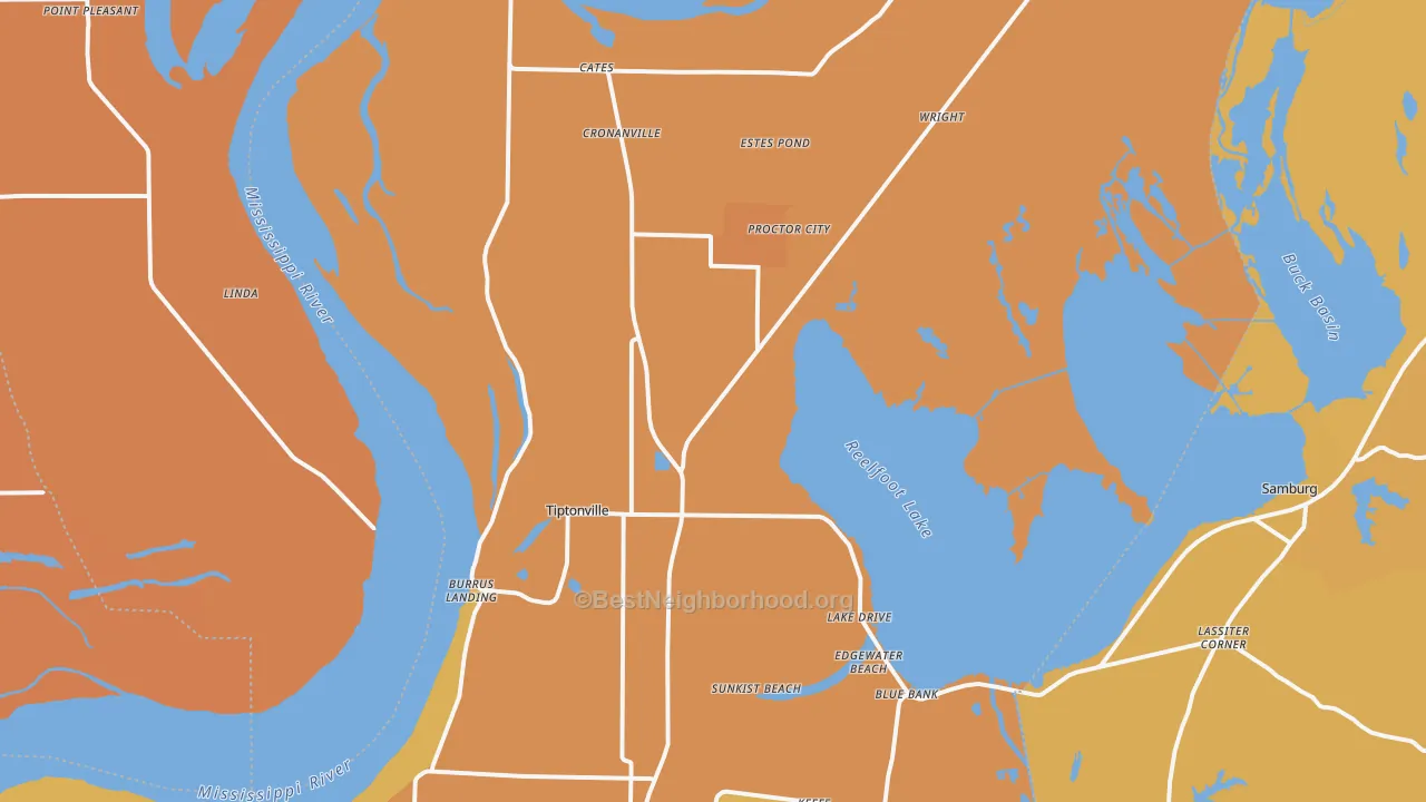 Map of the best neighborhoods in the 38079 area, with better matches in green and worse matches in red