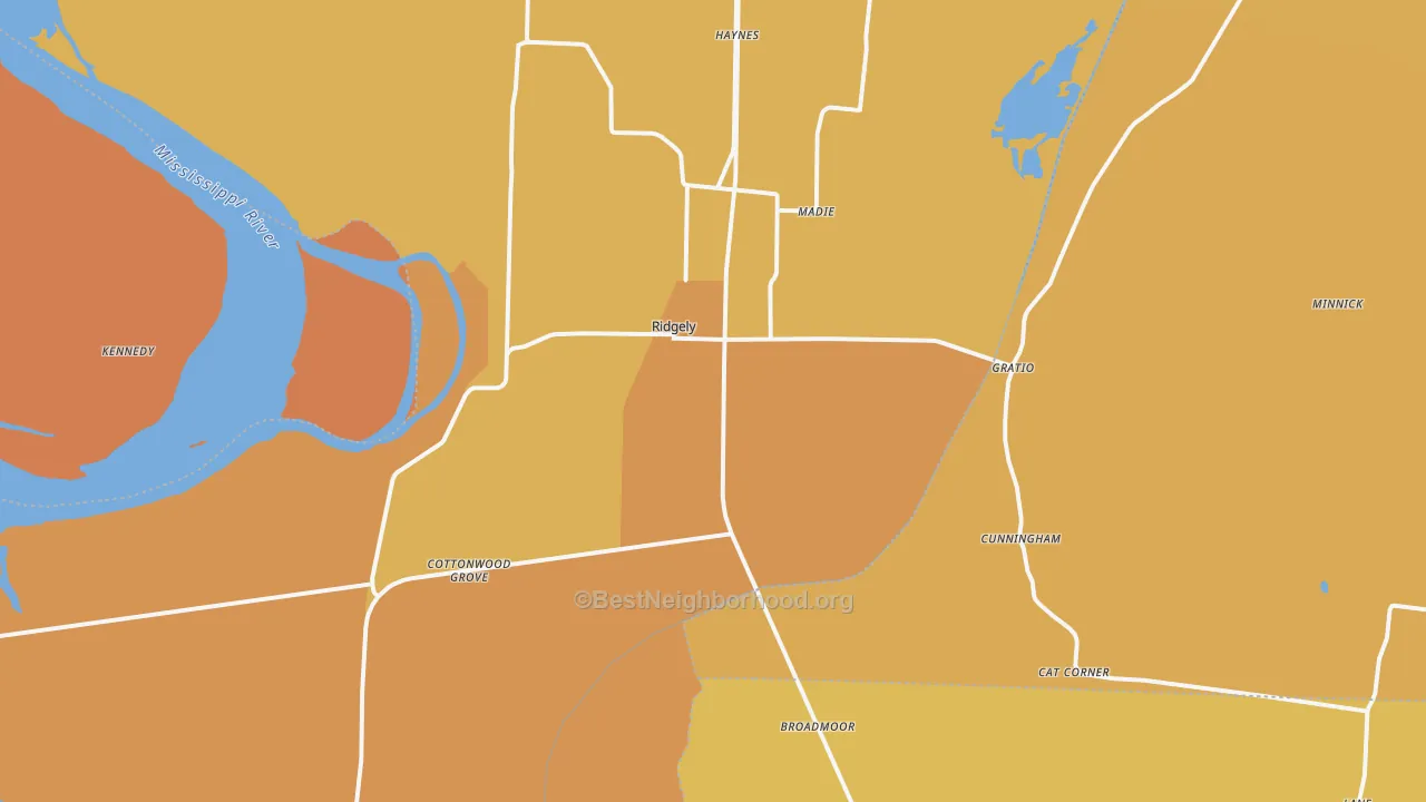 Map of the best neighborhoods in the 38080 area, with better matches in green and worse matches in red