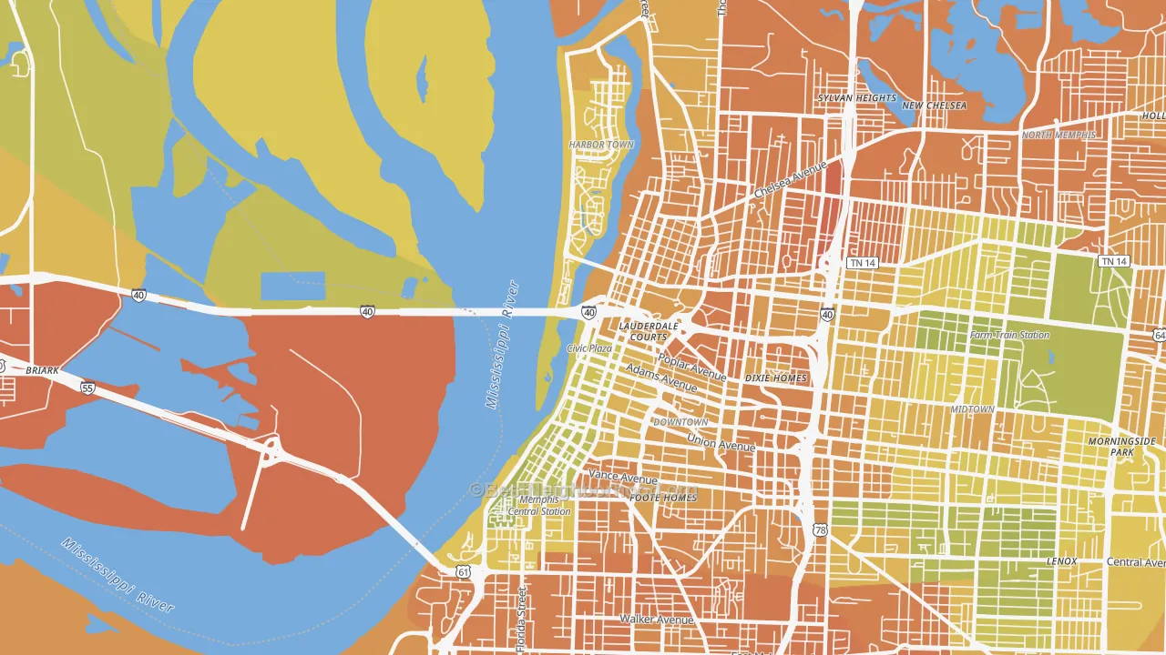 Map of the best neighborhoods in the 38103 area, with better matches in green and worse matches in red