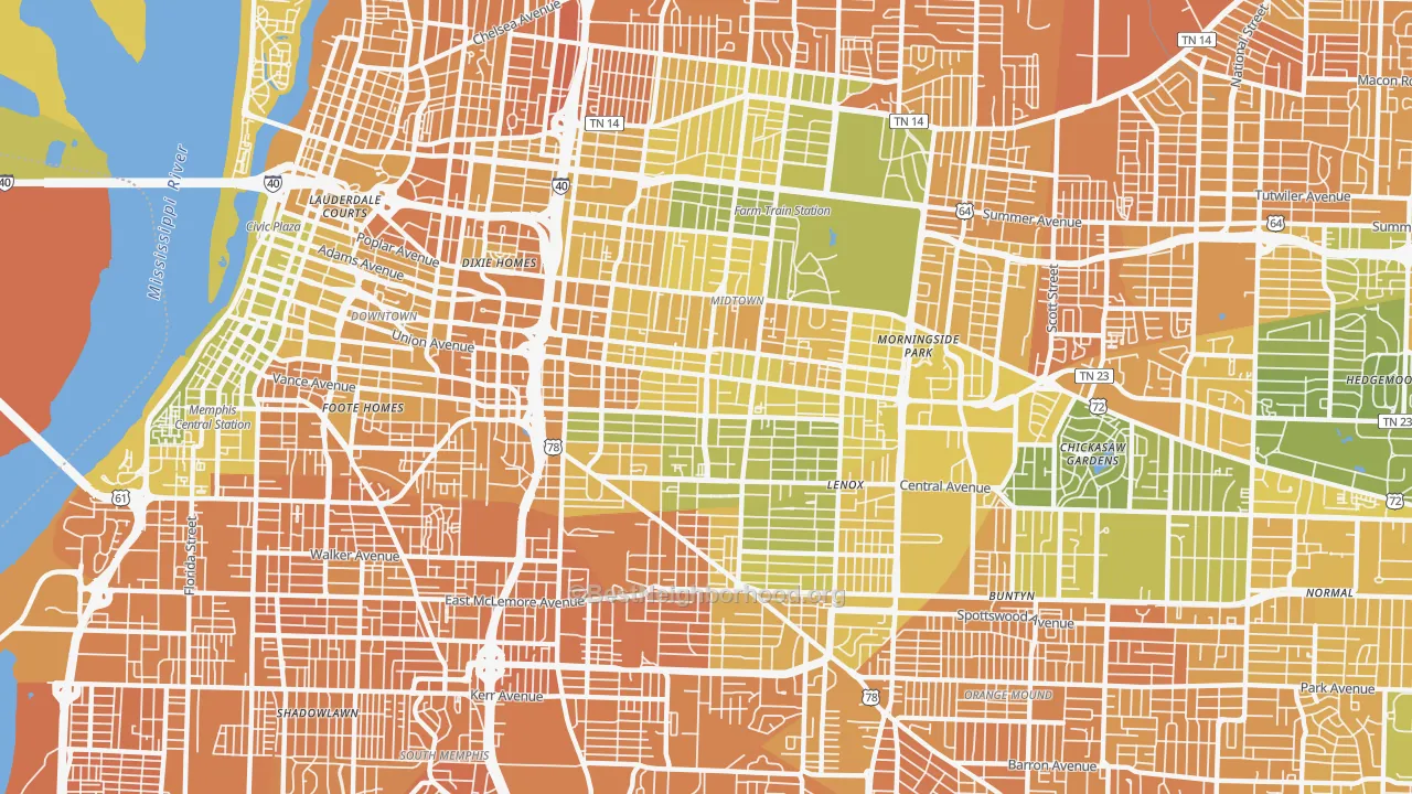 Map of the best neighborhoods in the 38104 area, with better matches in green and worse matches in red