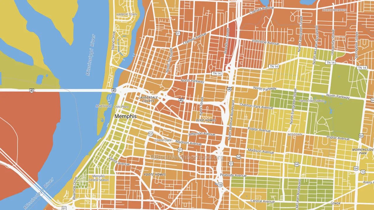 Map of the best neighborhoods in the 38105 area, with better matches in green and worse matches in red