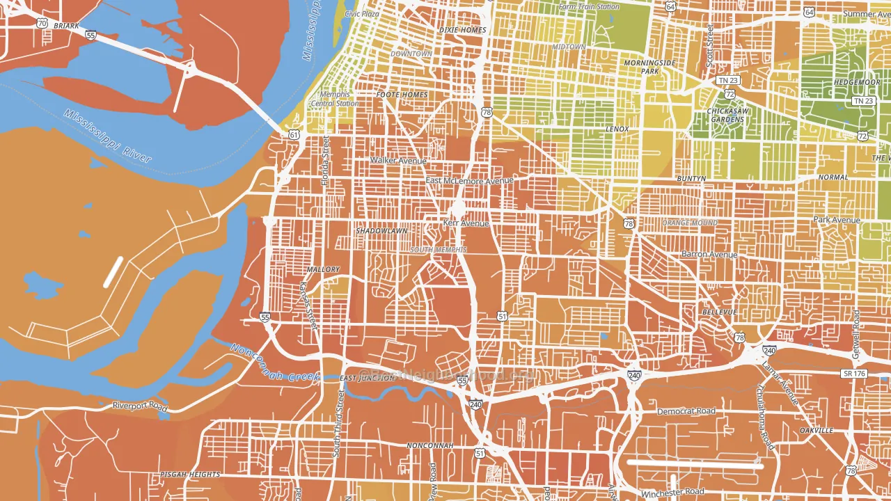 Map of the best neighborhoods in the 38106 area, with better matches in green and worse matches in red