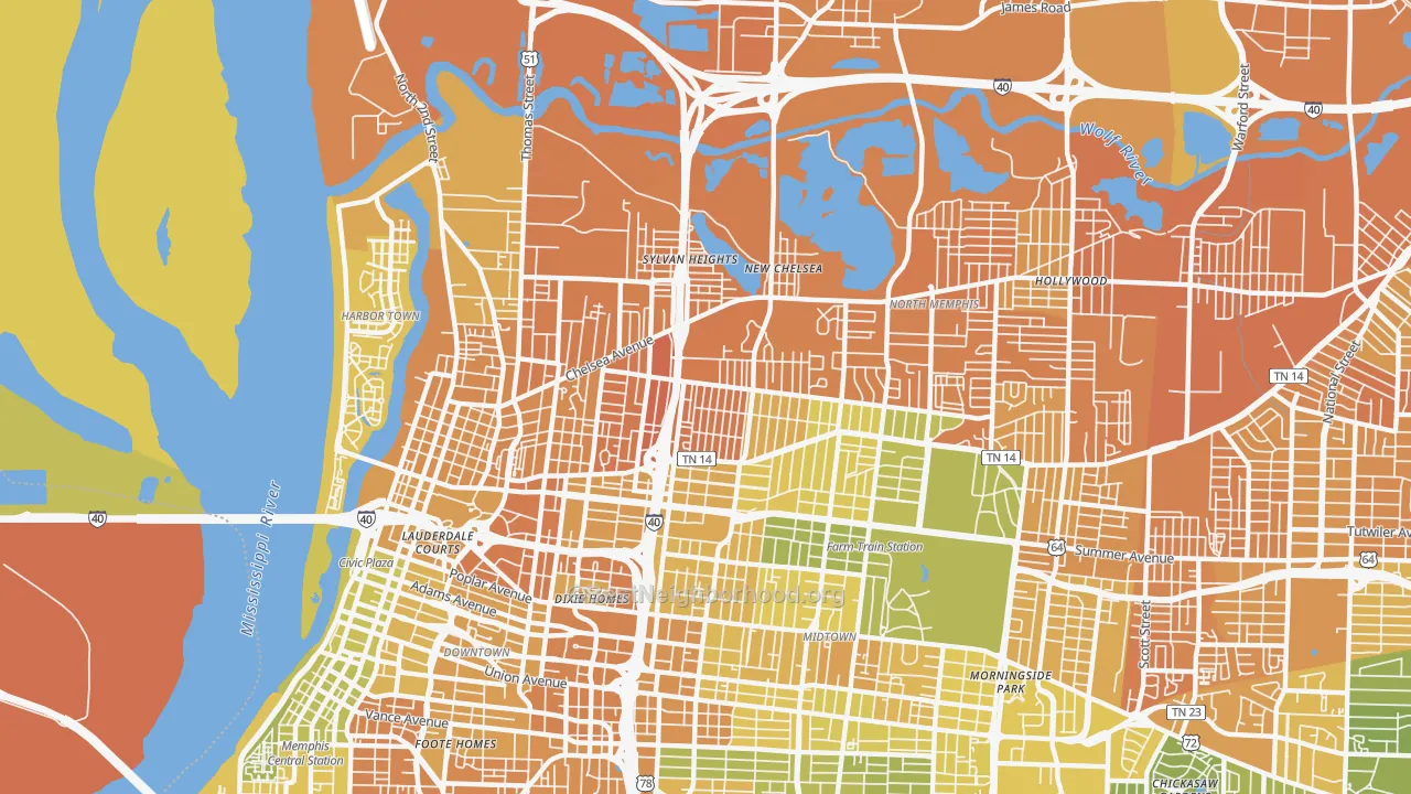 Map of the best neighborhoods in the 38107 area, with better matches in green and worse matches in red