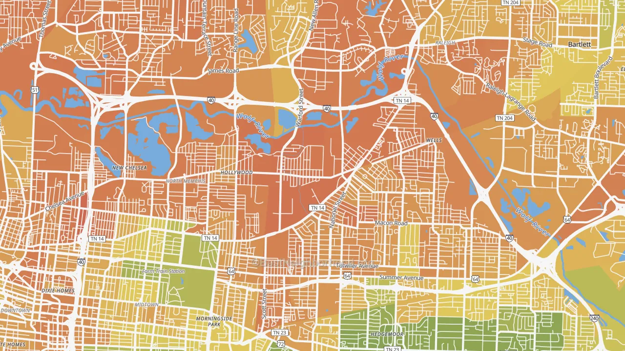Map of the best neighborhoods in the 38108 area, with better matches in green and worse matches in red