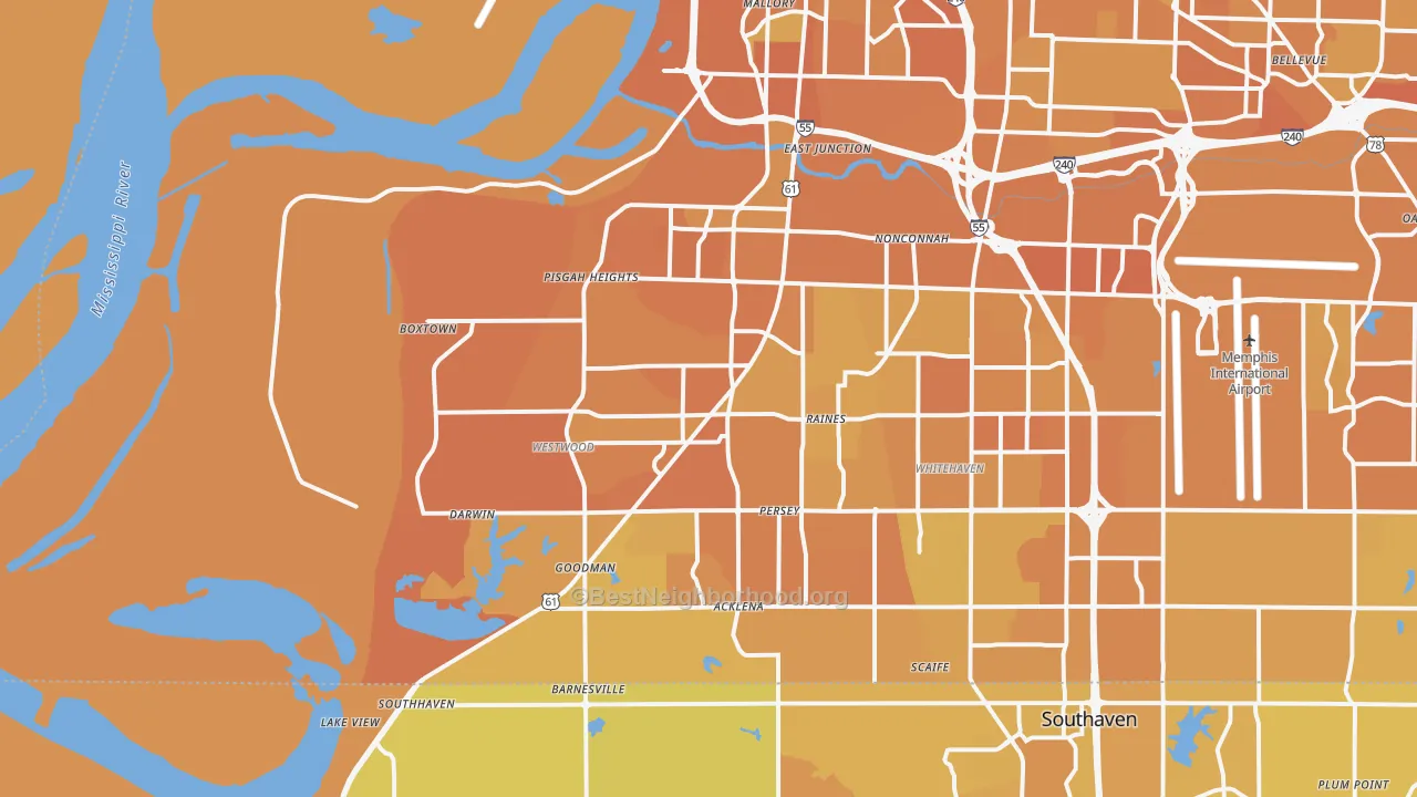 Map of the best neighborhoods in the 38109 area, with better matches in green and worse matches in red