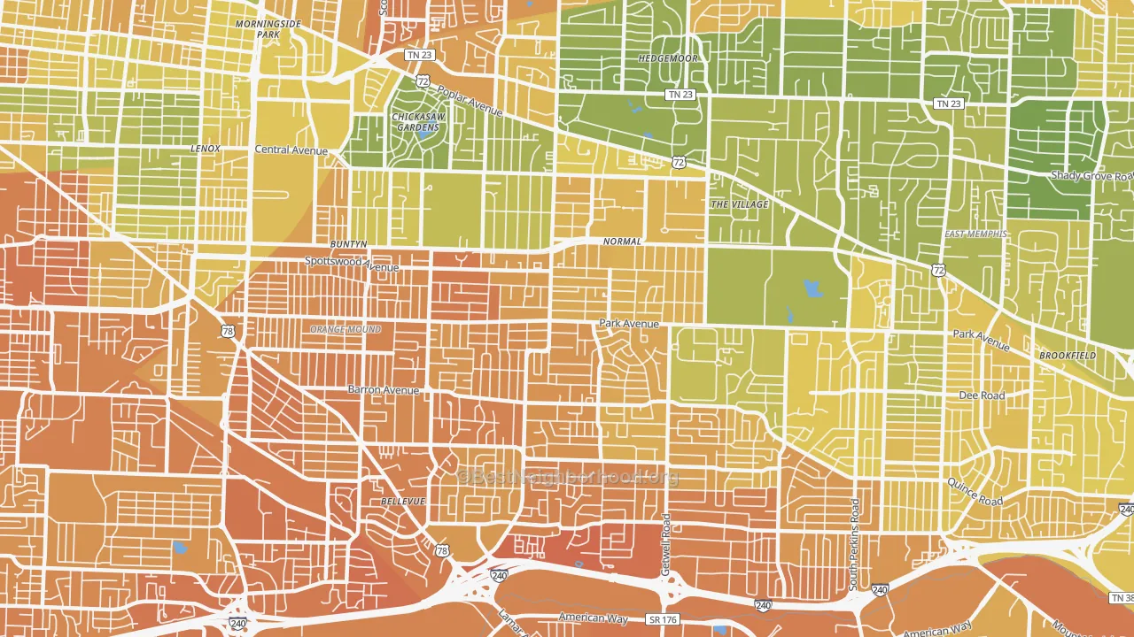Map of the best neighborhoods in the 38111 area, with better matches in green and worse matches in red