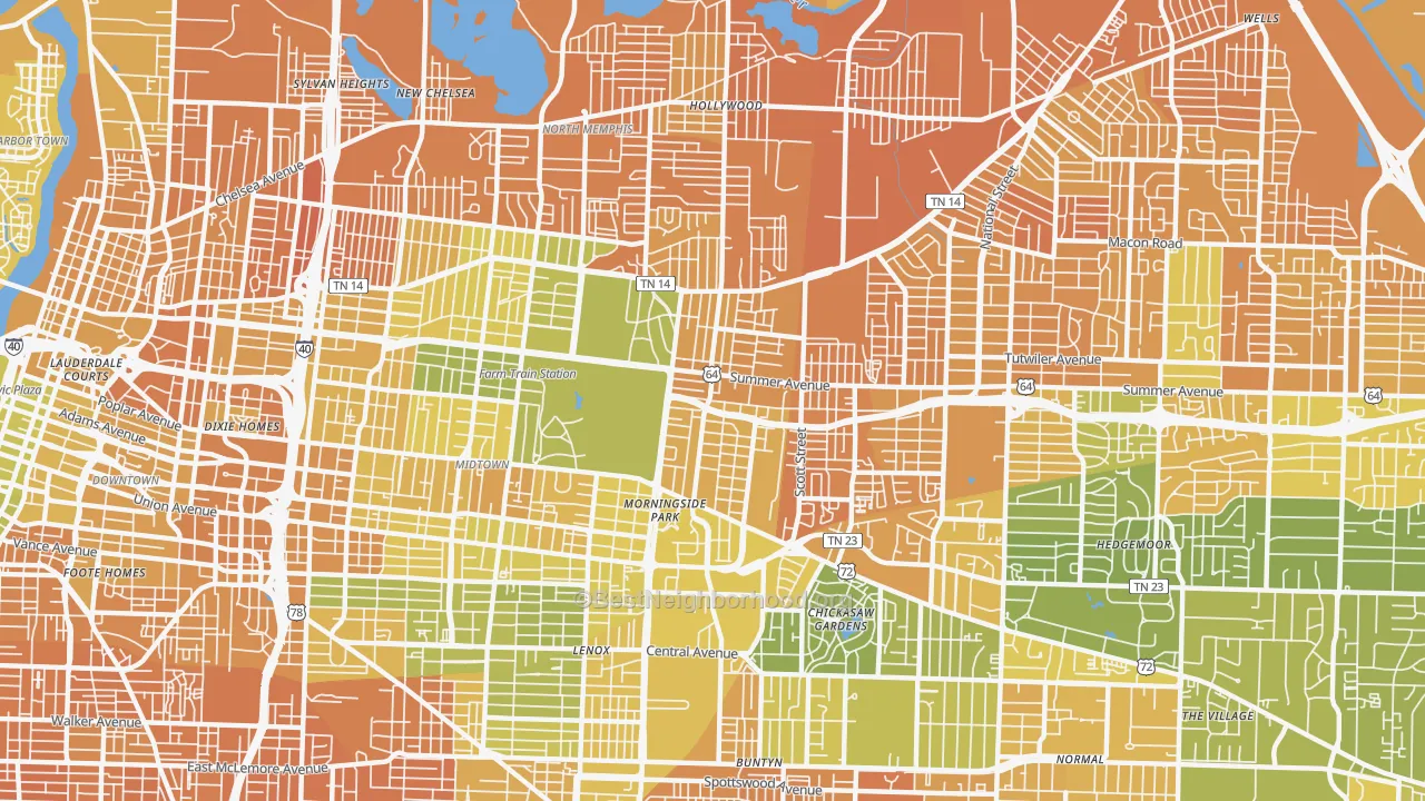 Map of the best neighborhoods in the 38112 area, with better matches in green and worse matches in red