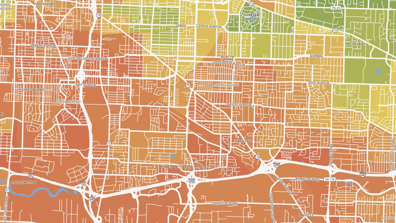 Map of the best neighborhoods in the 38114 area, with better matches in green and worse matches in red