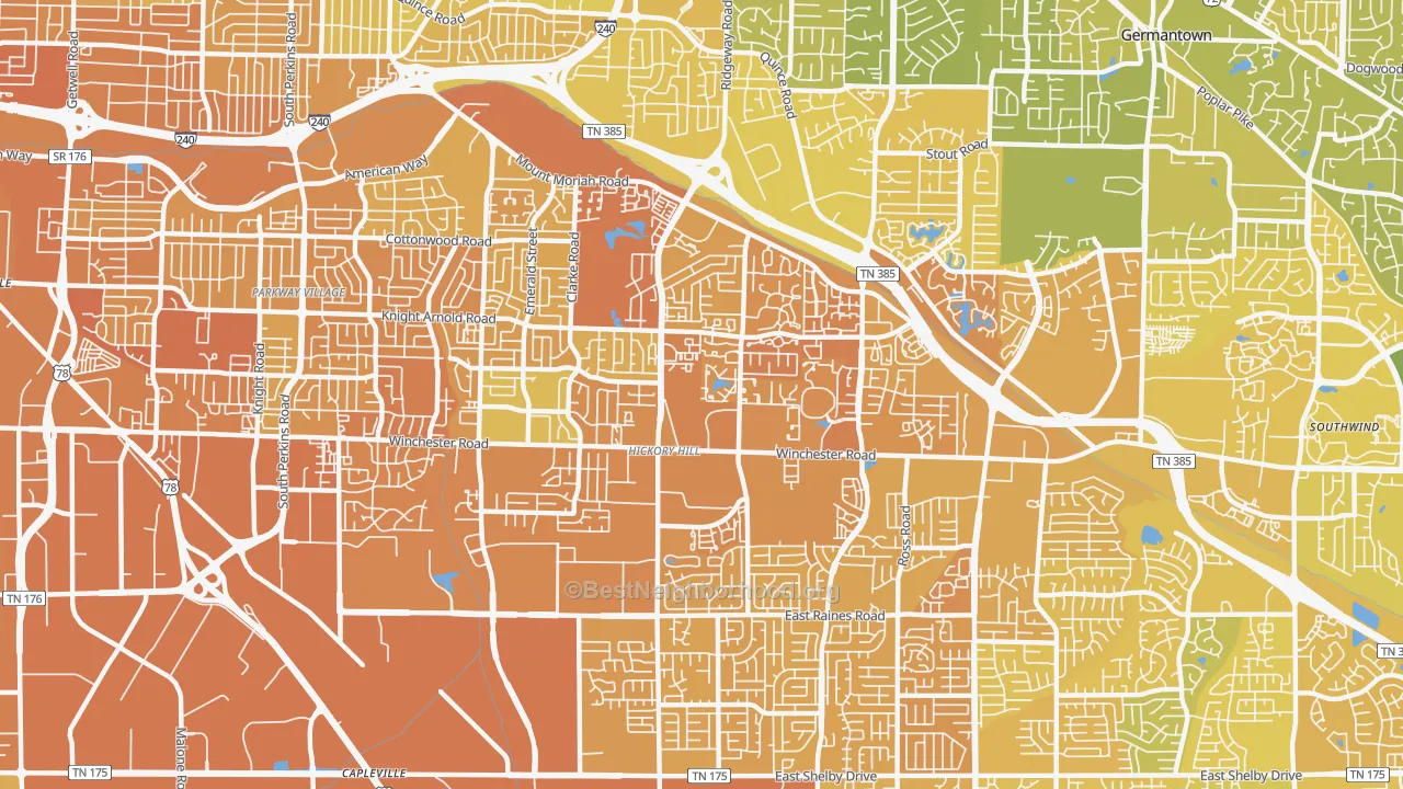 Map of the best neighborhoods in the 38115 area, with better matches in green and worse matches in red