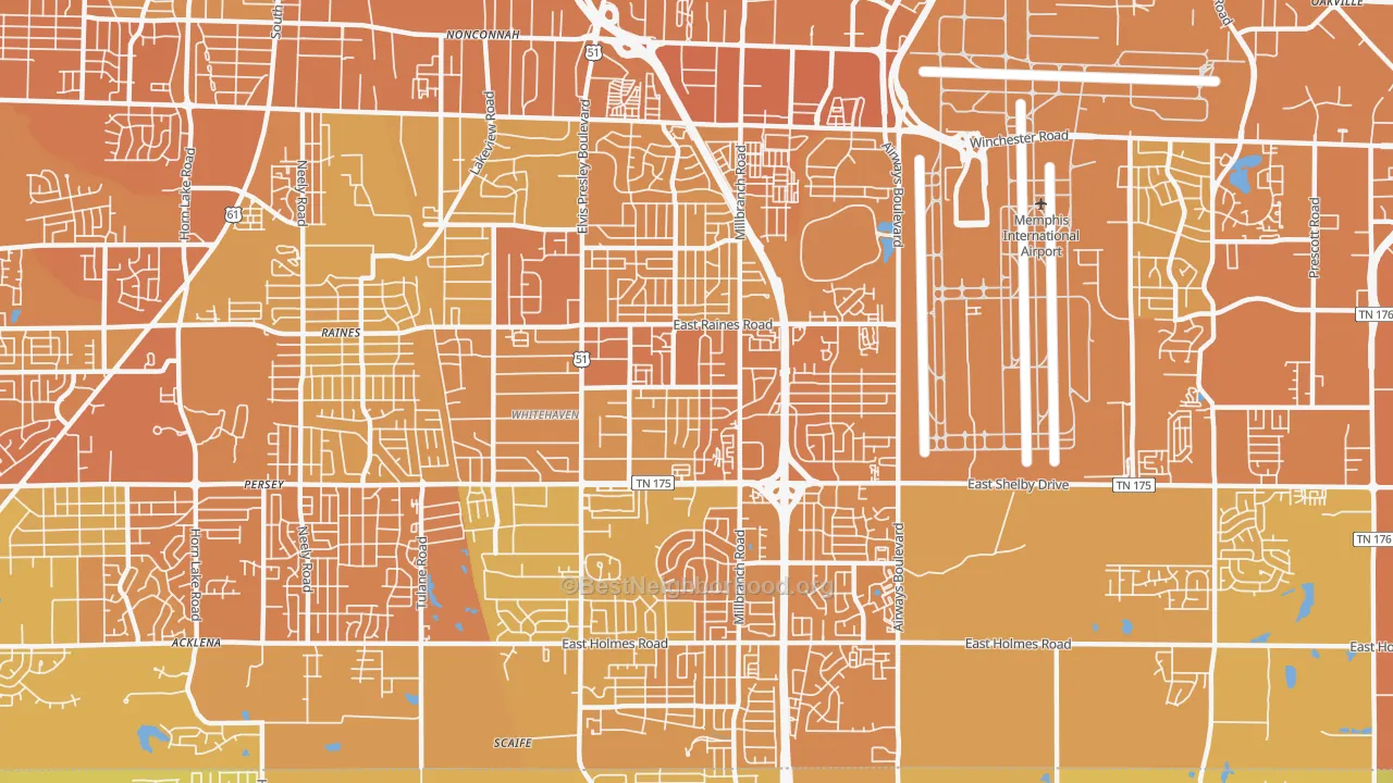 Map of the best neighborhoods in the 38116 area, with better matches in green and worse matches in red