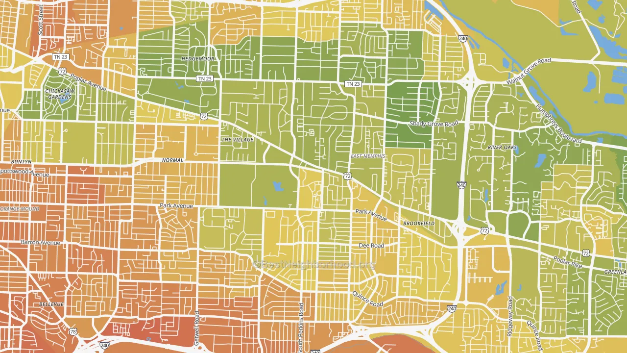 Map of the best neighborhoods in the 38117 area, with better matches in green and worse matches in red