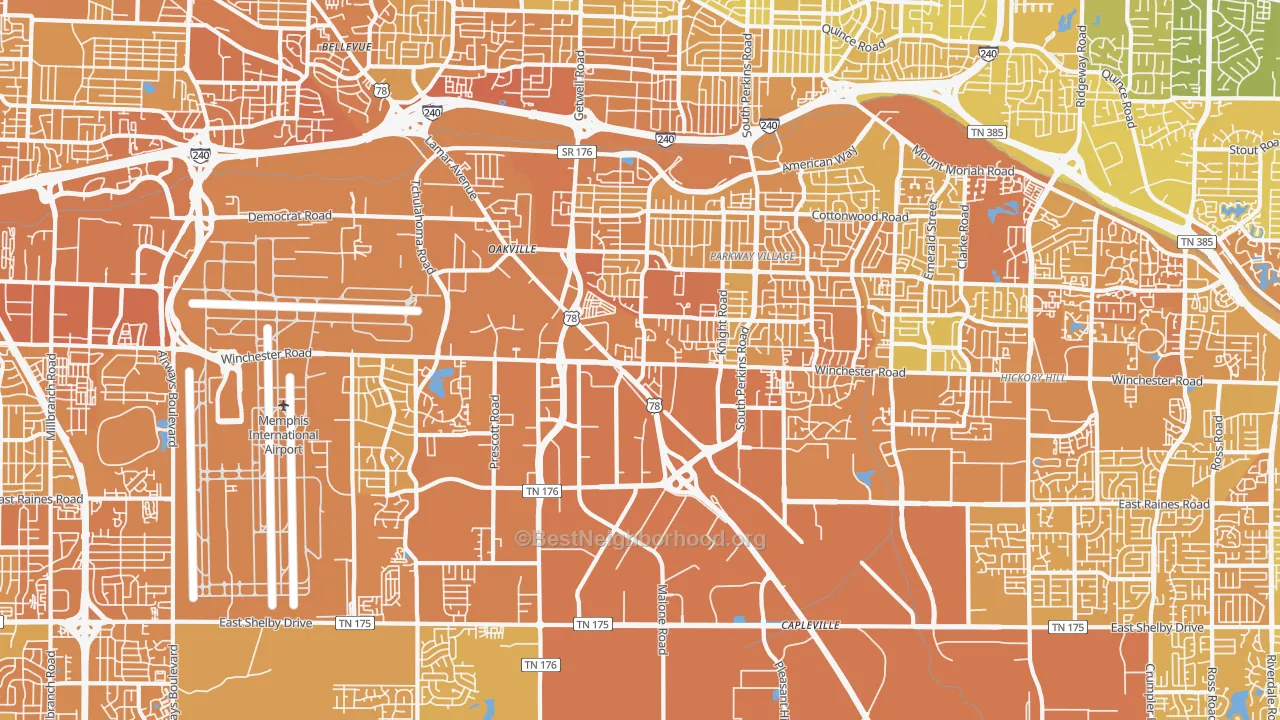 Map of the best neighborhoods in the 38118 area, with better matches in green and worse matches in red