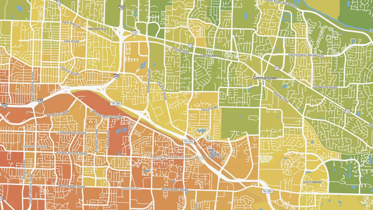 Map of the best neighborhoods in the 38119 area, with better matches in green and worse matches in red