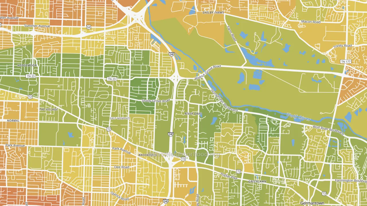 Map of the best neighborhoods in the 38120 area, with better matches in green and worse matches in red