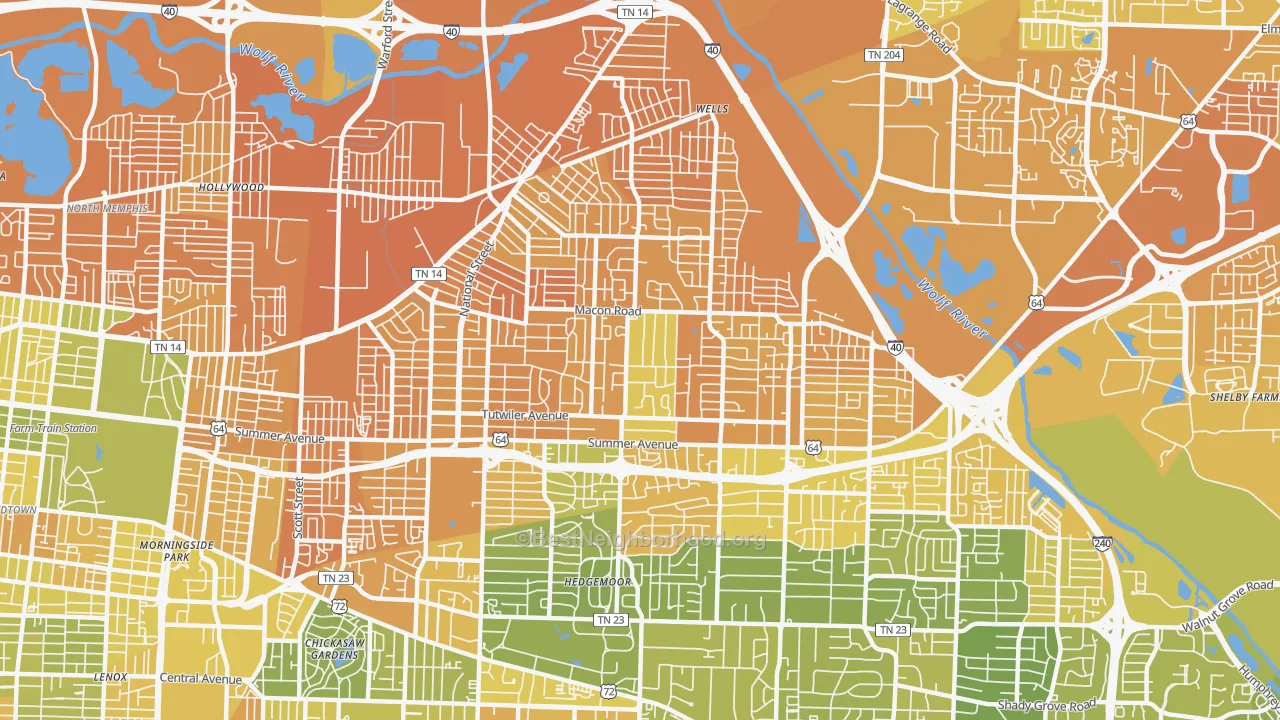 Map of the best neighborhoods in the 38122 area, with better matches in green and worse matches in red