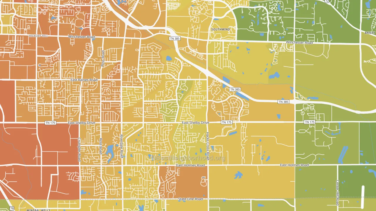 Map of the best neighborhoods in the 38125 area, with better matches in green and worse matches in red