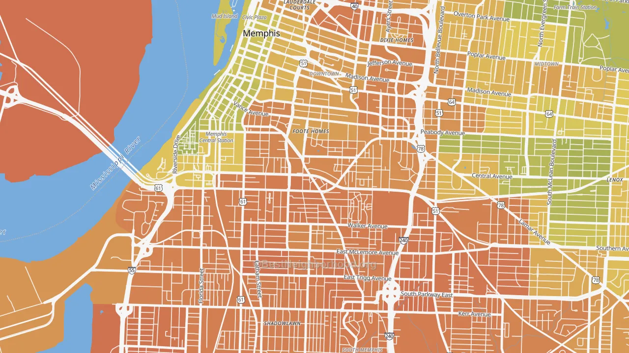 Map of the best neighborhoods in the 38126 area, with better matches in green and worse matches in red