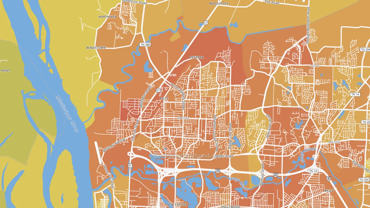 Map of the best neighborhoods in the 38127 area, with better matches in green and worse matches in red