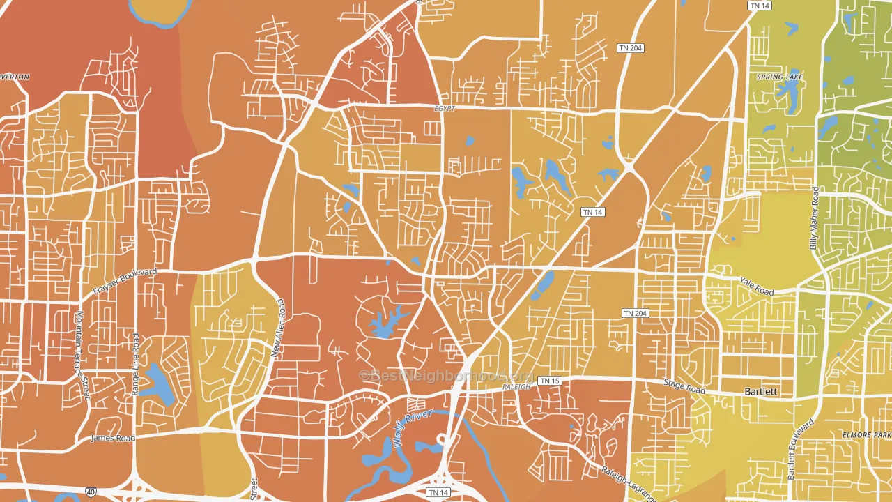 Map of the best neighborhoods in the 38128 area, with better matches in green and worse matches in red