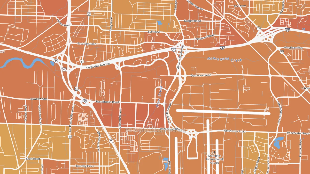 Map of the best neighborhoods in the 38131 area, with better matches in green and worse matches in red