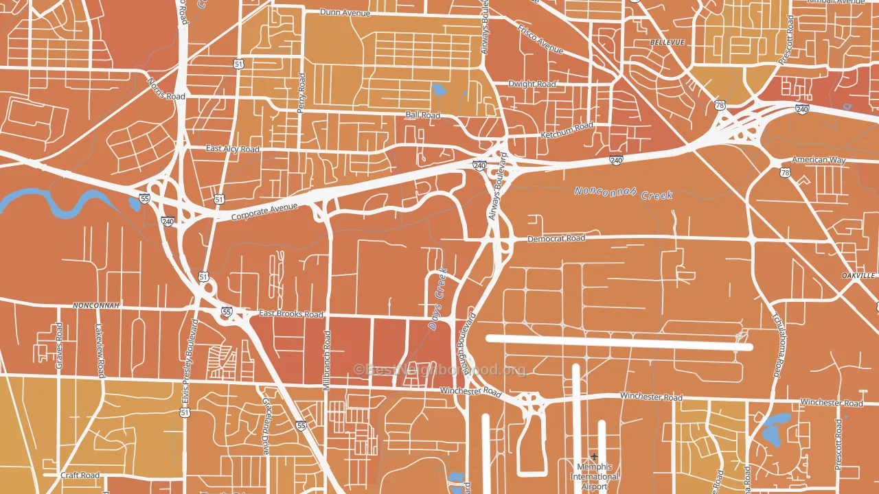 Map of the best neighborhoods in the 38132 area, with better matches in green and worse matches in red