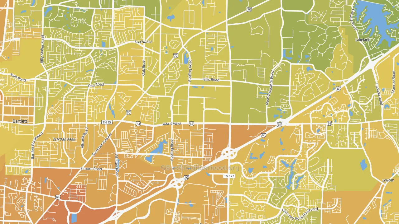 Map of the best neighborhoods in the 38133 area, with better matches in green and worse matches in red