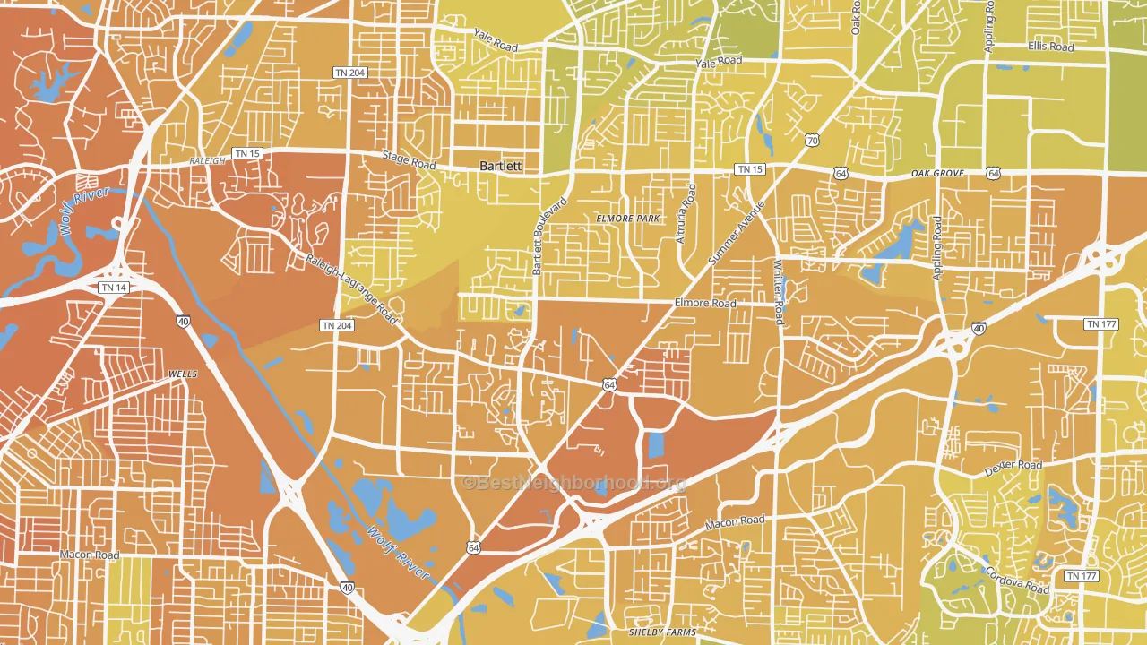 Map of the best neighborhoods in the 38134 area, with better matches in green and worse matches in red