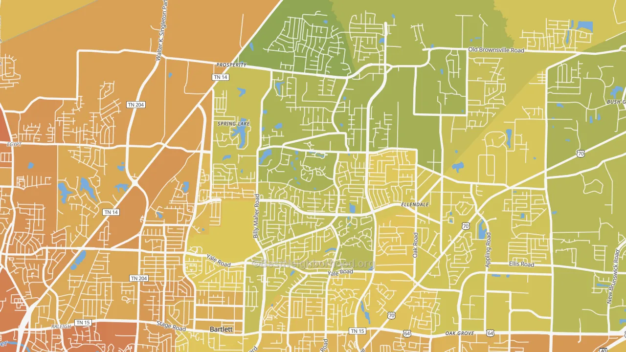 Map of the best neighborhoods in the 38135 area, with better matches in green and worse matches in red