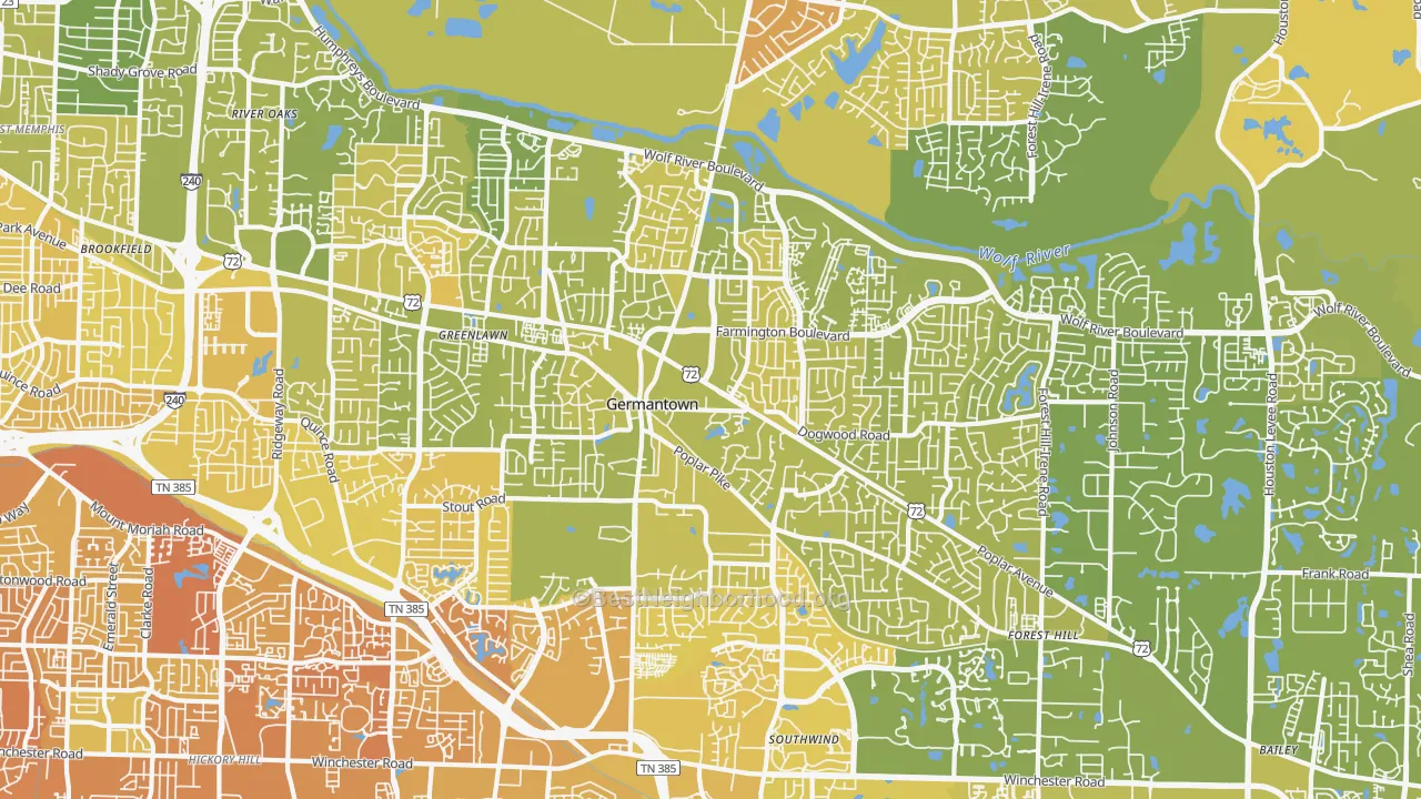 Map of the best neighborhoods in the 38138 area, with better matches in green and worse matches in red