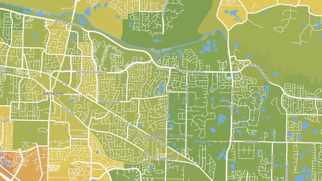 Map of the best neighborhoods in the 38139 area, with better matches in green and worse matches in red