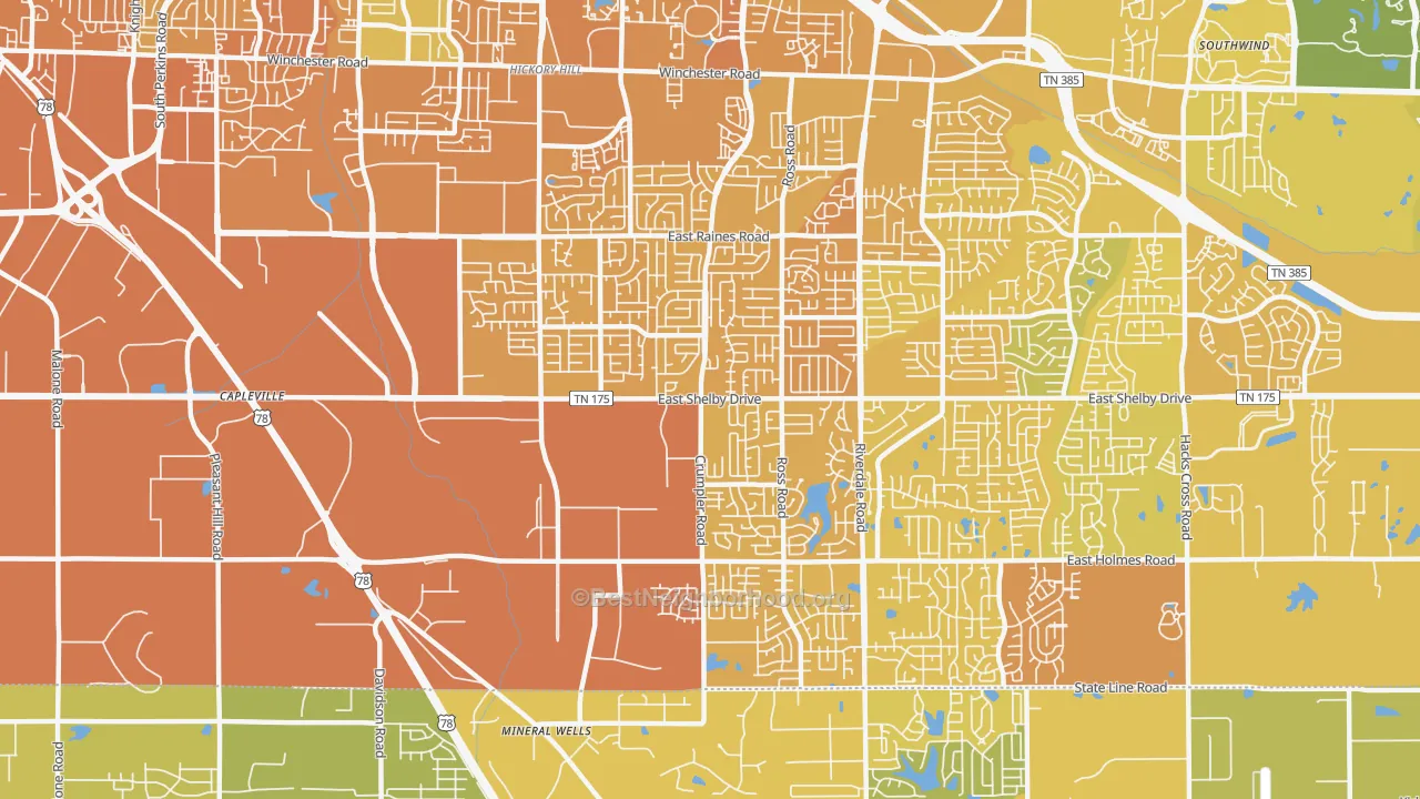 Map of the best neighborhoods in the 38141 area, with better matches in green and worse matches in red
