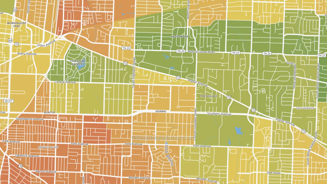 Map of the best neighborhoods in the 38152 area, with better matches in green and worse matches in red