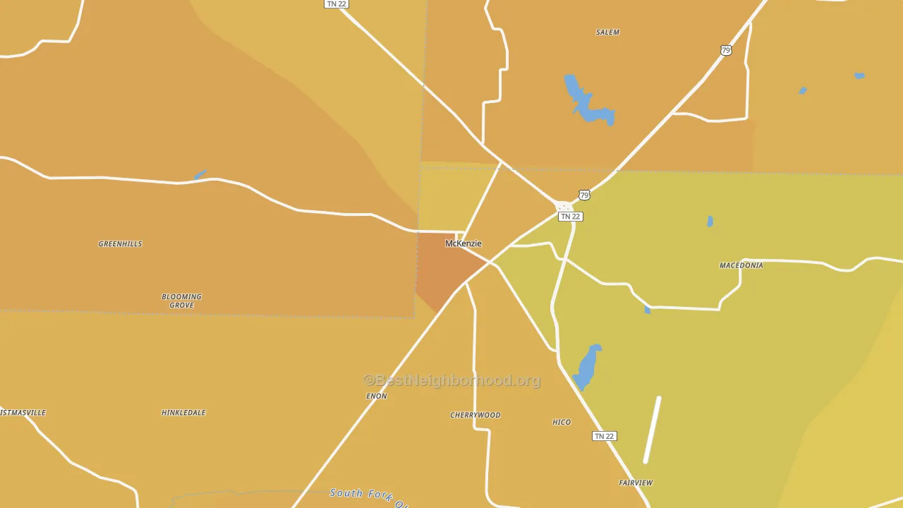 Map of the best neighborhoods in the 38201 area, with better matches in green and worse matches in red