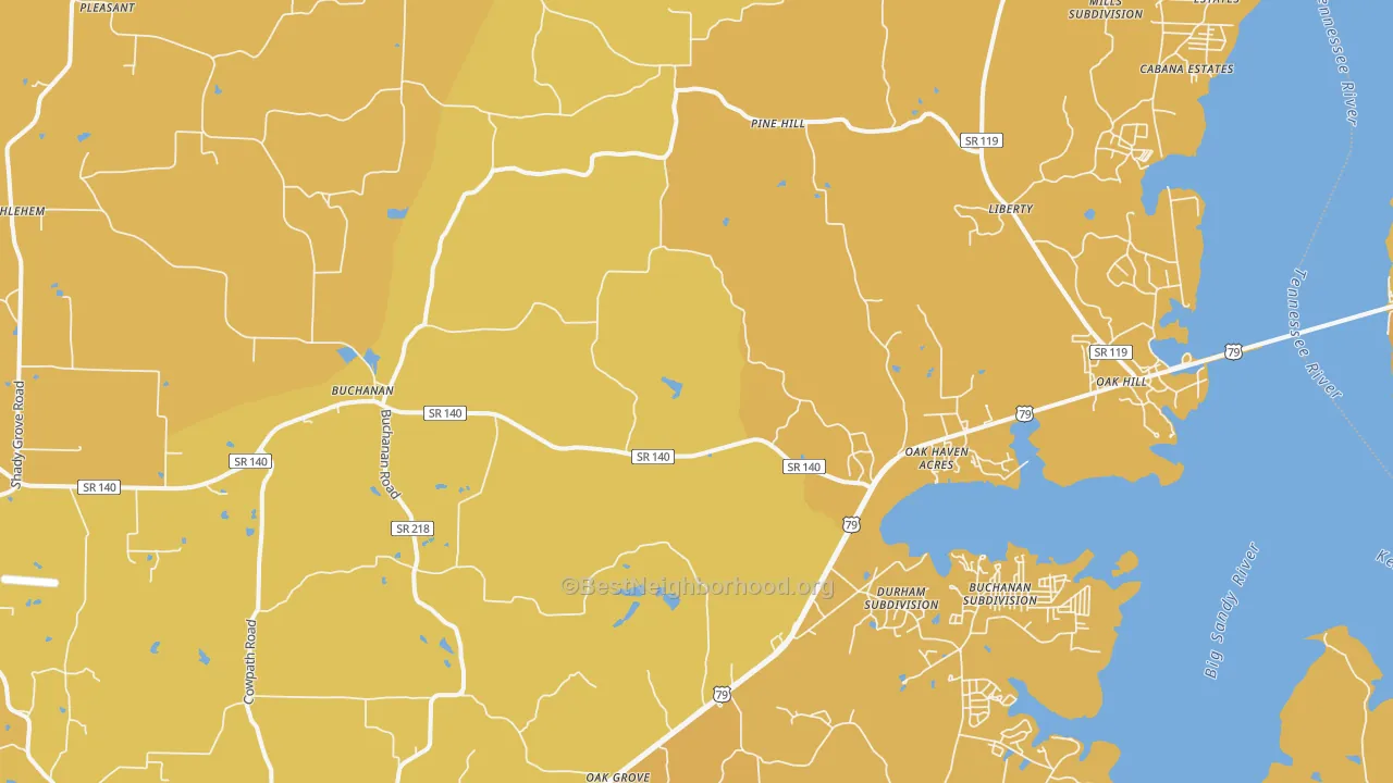 Map of the best neighborhoods in the 38222 area, with better matches in green and worse matches in red