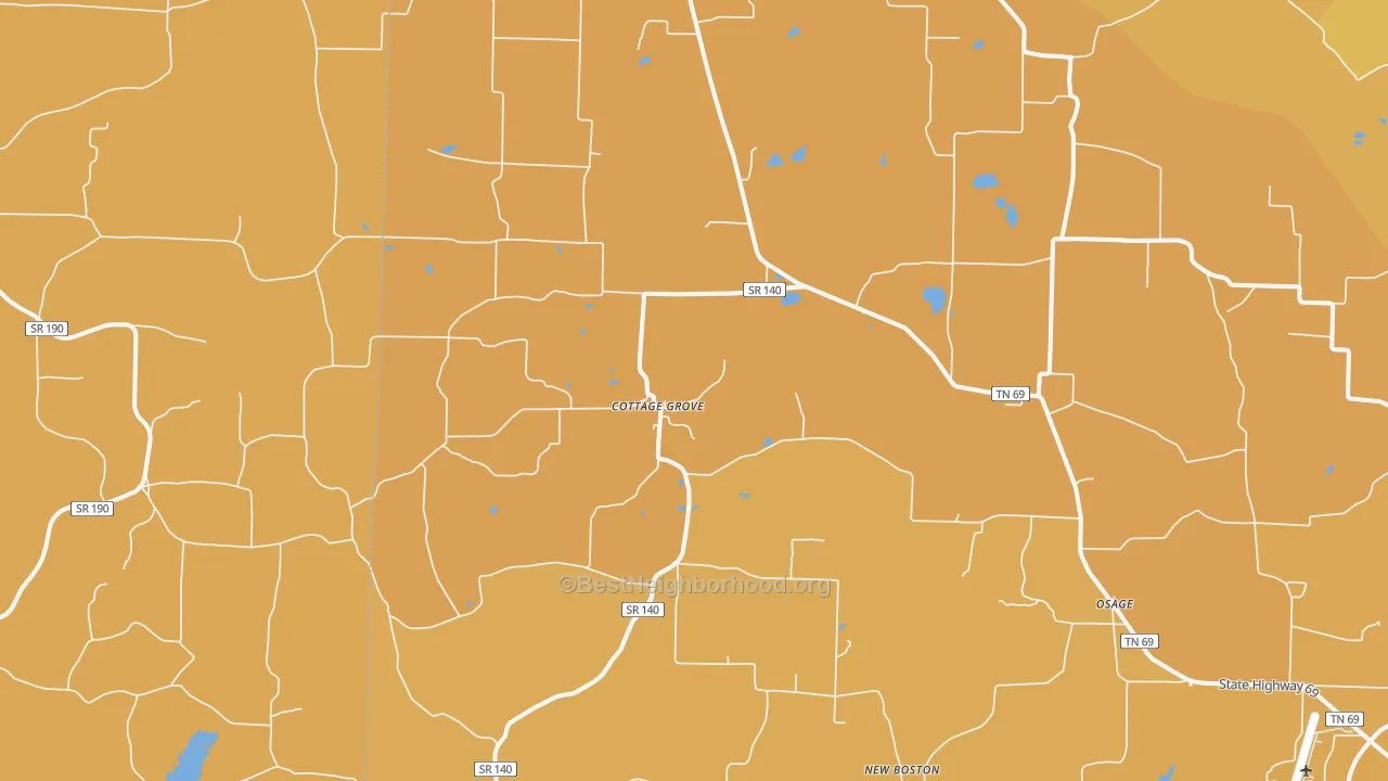 Map of the best neighborhoods in the 38224 area, with better matches in green and worse matches in red