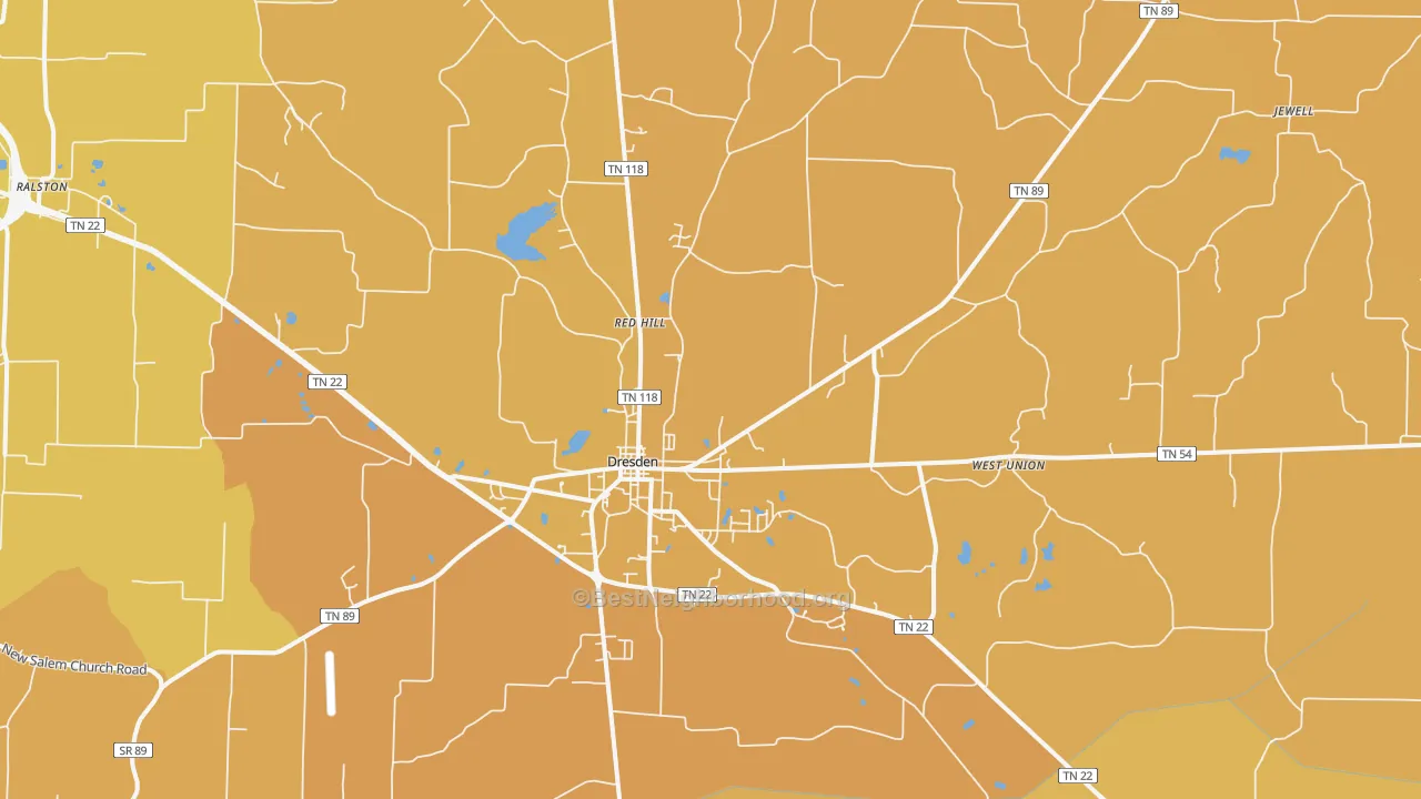 Map of the best neighborhoods in the 38225 area, with better matches in green and worse matches in red