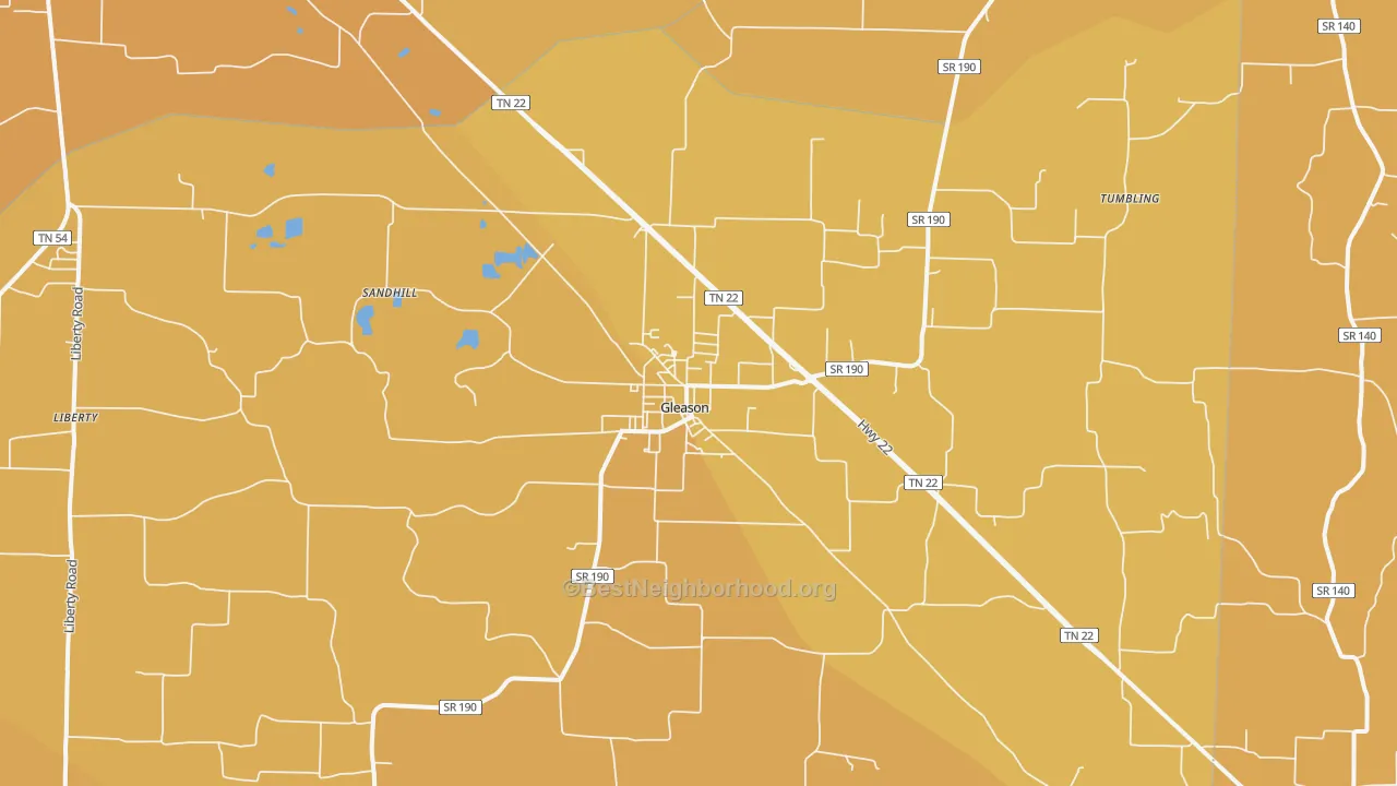 Map of the best neighborhoods in the 38229 area, with better matches in green and worse matches in red