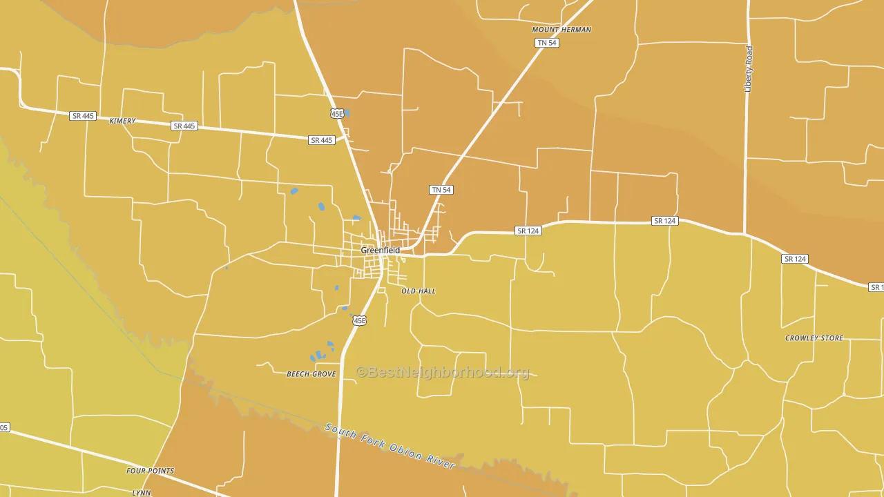 Map of the best neighborhoods in the 38230 area, with better matches in green and worse matches in red