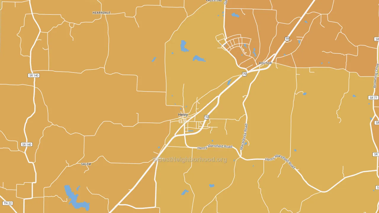 Map of the best neighborhoods in the 38231 area, with better matches in green and worse matches in red