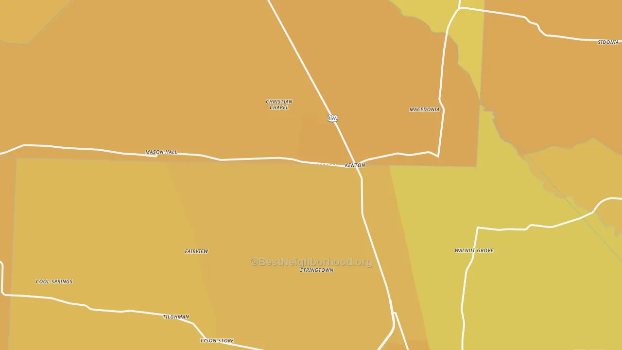 Map of the best neighborhoods in the 38233 area, with better matches in green and worse matches in red