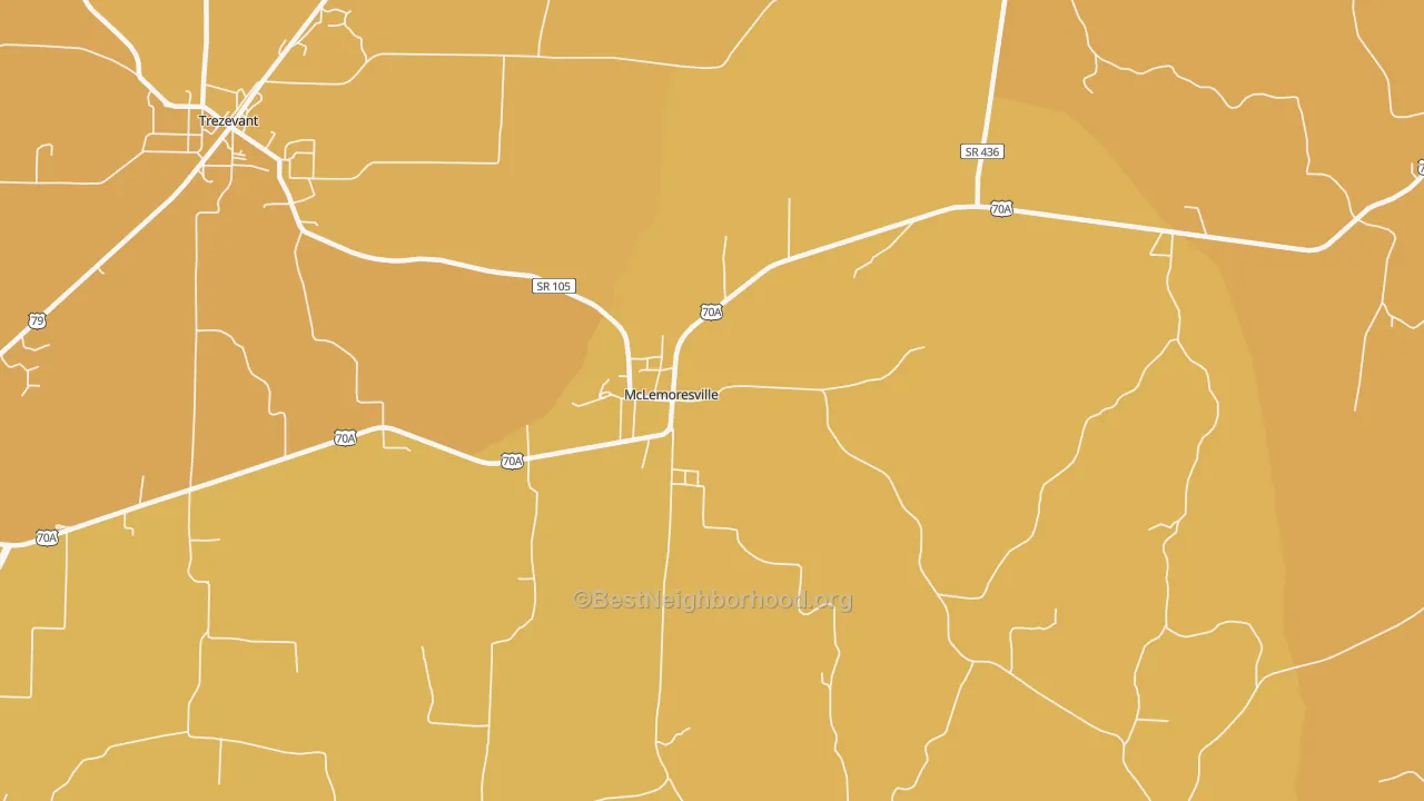 Map of the best neighborhoods in the 38235 area, with better matches in green and worse matches in red
