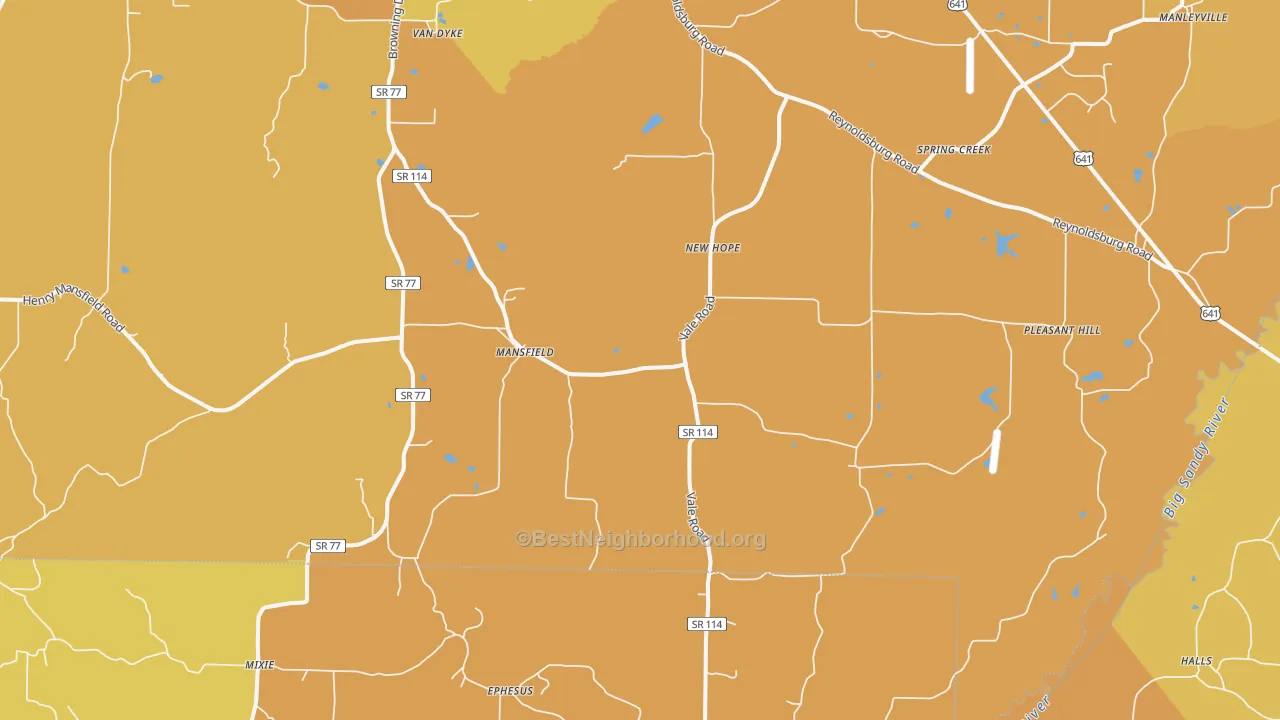 Map of the best neighborhoods in the 38236 area, with better matches in green and worse matches in red