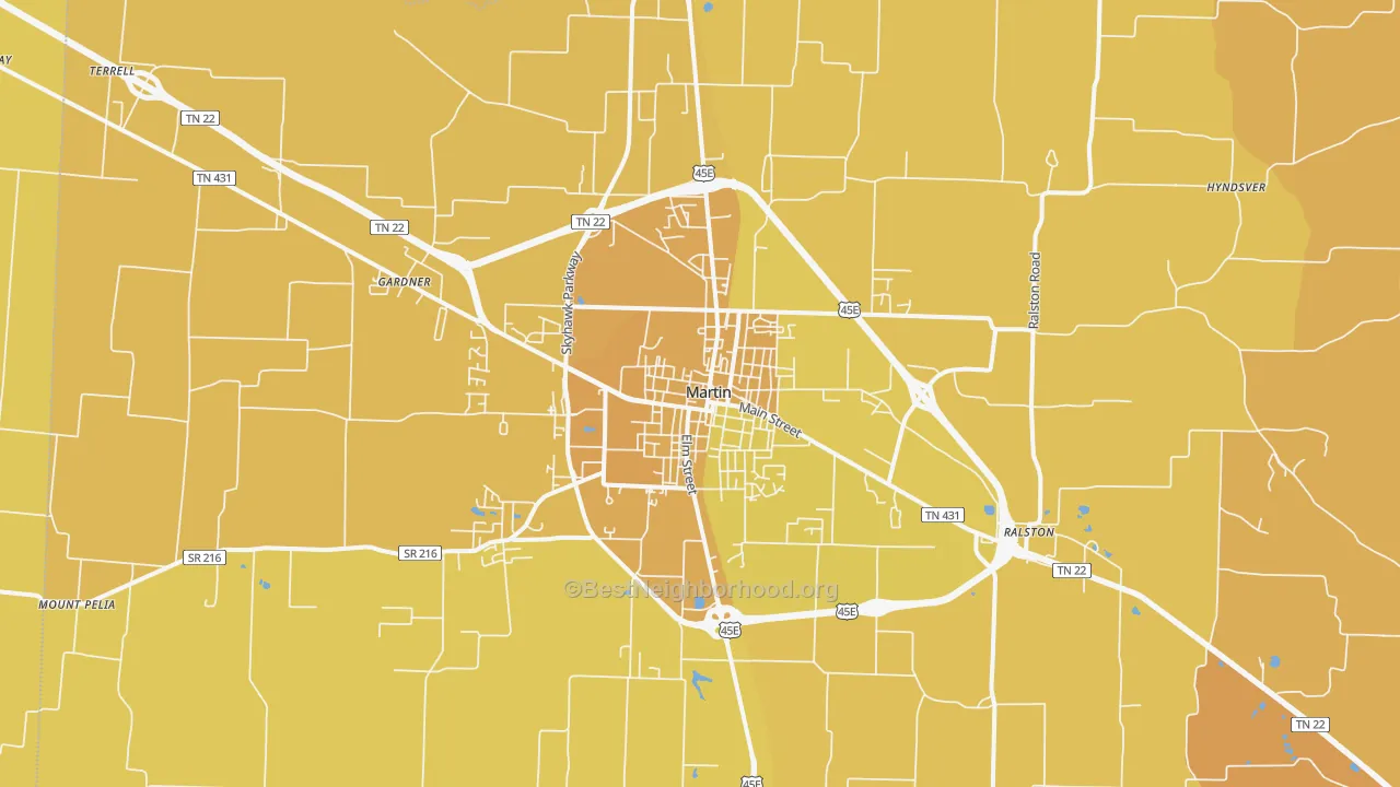 Map of the best neighborhoods in the 38237 area, with better matches in green and worse matches in red